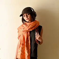 Preet ~ Hand Embroidered Phulkari Silk Stole - Brown
