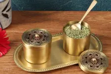 Nakshikathaa ✠ Brass Condiment Jars with Tray & Spoon ( Three Color Options )