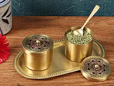 Nakshikathaa ✠ Brass Condiment Jars with Tray & Spoon ( Three Color Options )