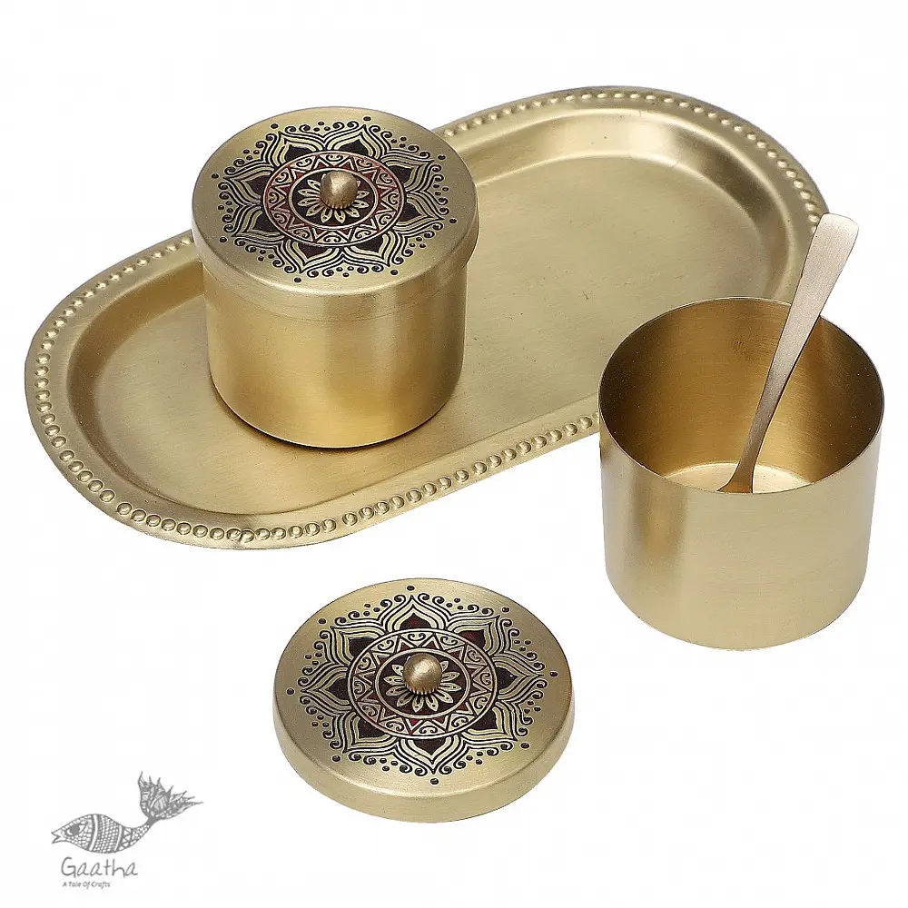 Nakshikathaa ✠ Brass Condiment Jars with Tray & Spoon ( Three Color Options )