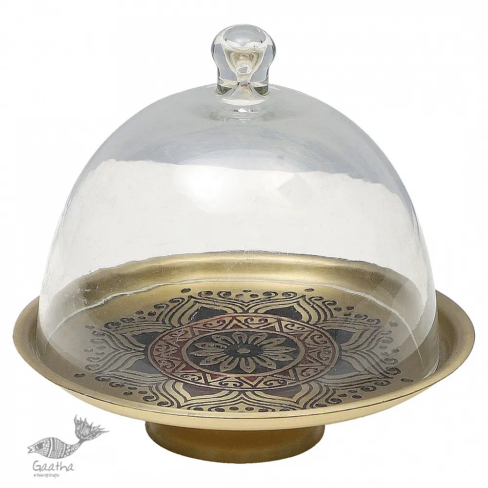 Nakshikathaa ✠ Brass Cake Stand with Glass Cloche ( Three Color Options )