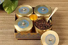 Brass | Mukhvas Jars With Holder & Spoon ( Three Color Options )
