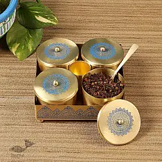 Brass | Mukhvas Jars With Holder & Spoon ( Three Color Options )