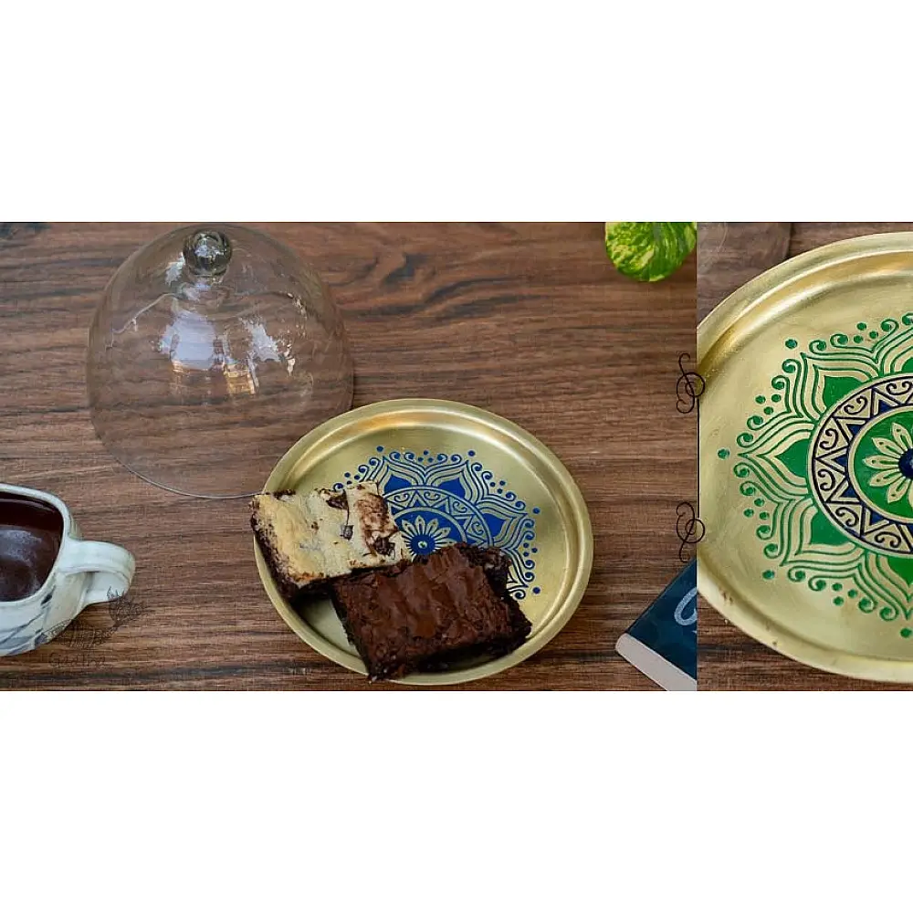Nakshikathaa ✠ Brass Cake Stand with Glass Cloche ( Three Color Options )