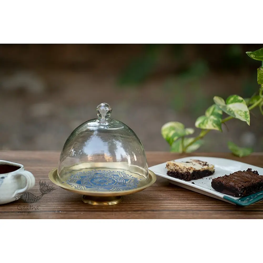 Nakshikathaa ✠ Brass Cake Stand with Glass Cloche ( Three Color Options )