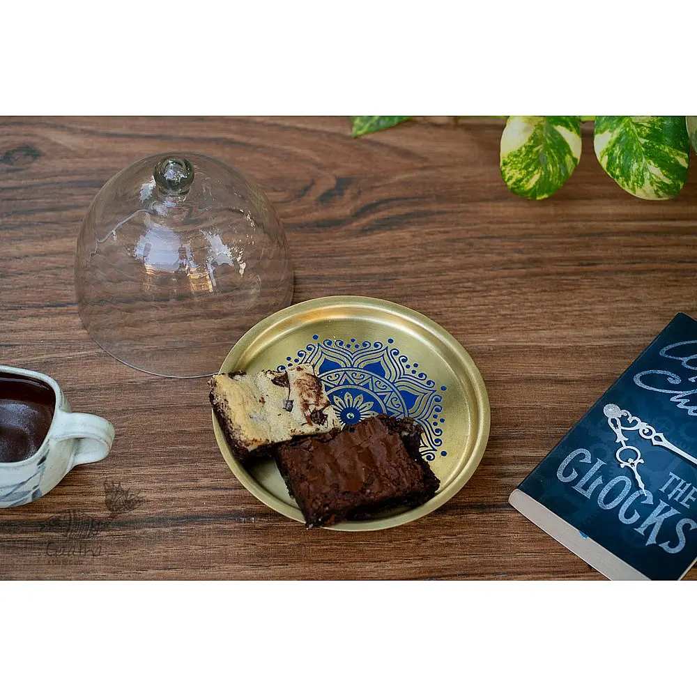Nakshikathaa ✠ Brass Cake Stand with Glass Cloche ( Three Color Options )