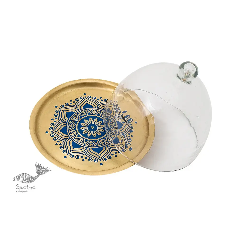 Nakshikathaa ✠ Brass Cake Stand with Glass Cloche ( Three Color Options )