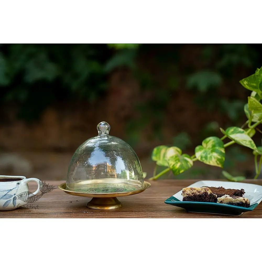 Nakshikathaa ✠ Brass Cake Stand with Glass Cloche ( Three Color Options )