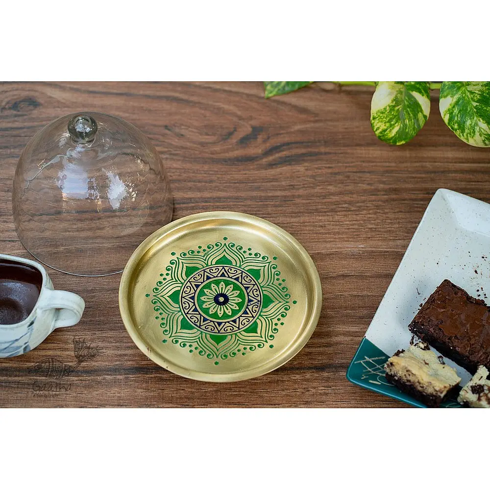 Nakshikathaa ✠ Brass Cake Stand with Glass Cloche ( Three Color Options )