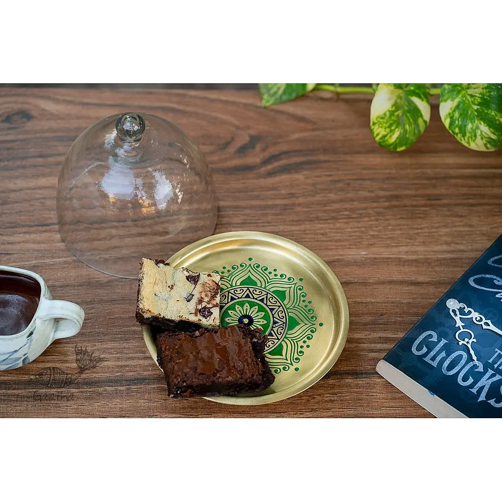 Nakshikathaa ✠ Brass Cake Stand with Glass Cloche ( Three Color Options )