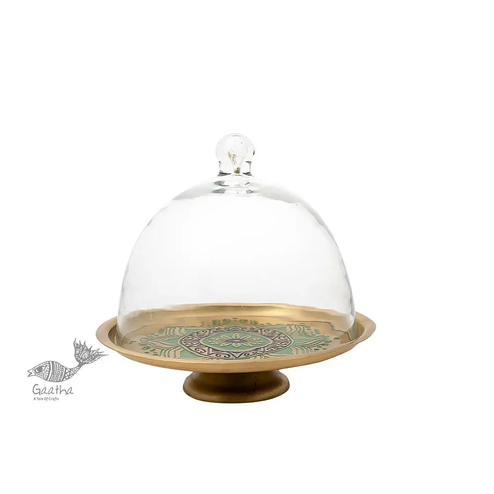 Nakshikathaa ✠ Brass Cake Stand with Glass Cloche ( Three Color Options )