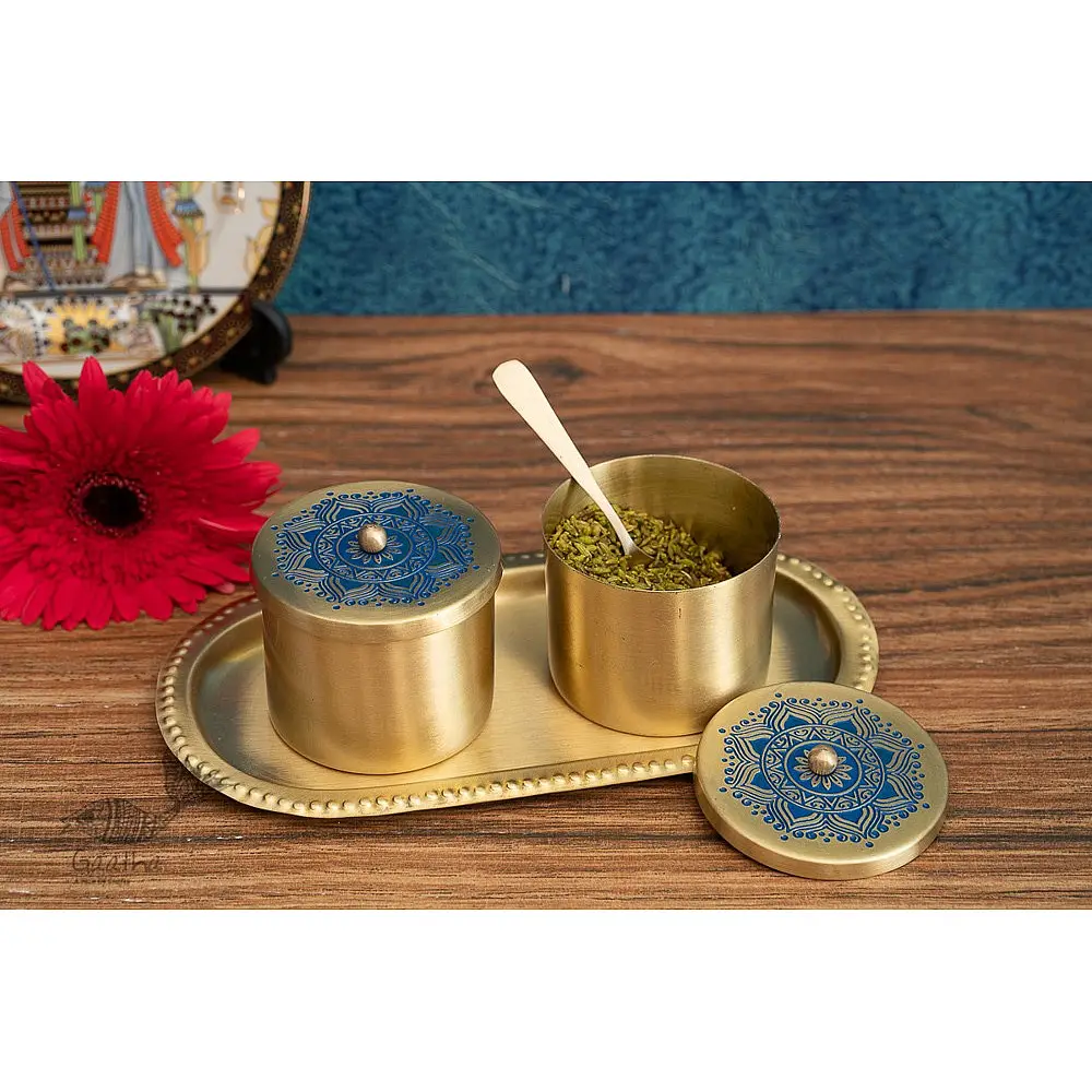 Nakshikathaa ✠ Brass Condiment Jars with Tray & Spoon ( Three Color Options )
