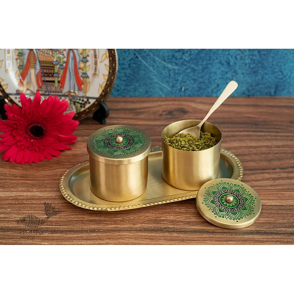 Nakshikathaa ✠ Brass Condiment Jars with Tray & Spoon ( Three Color Options )