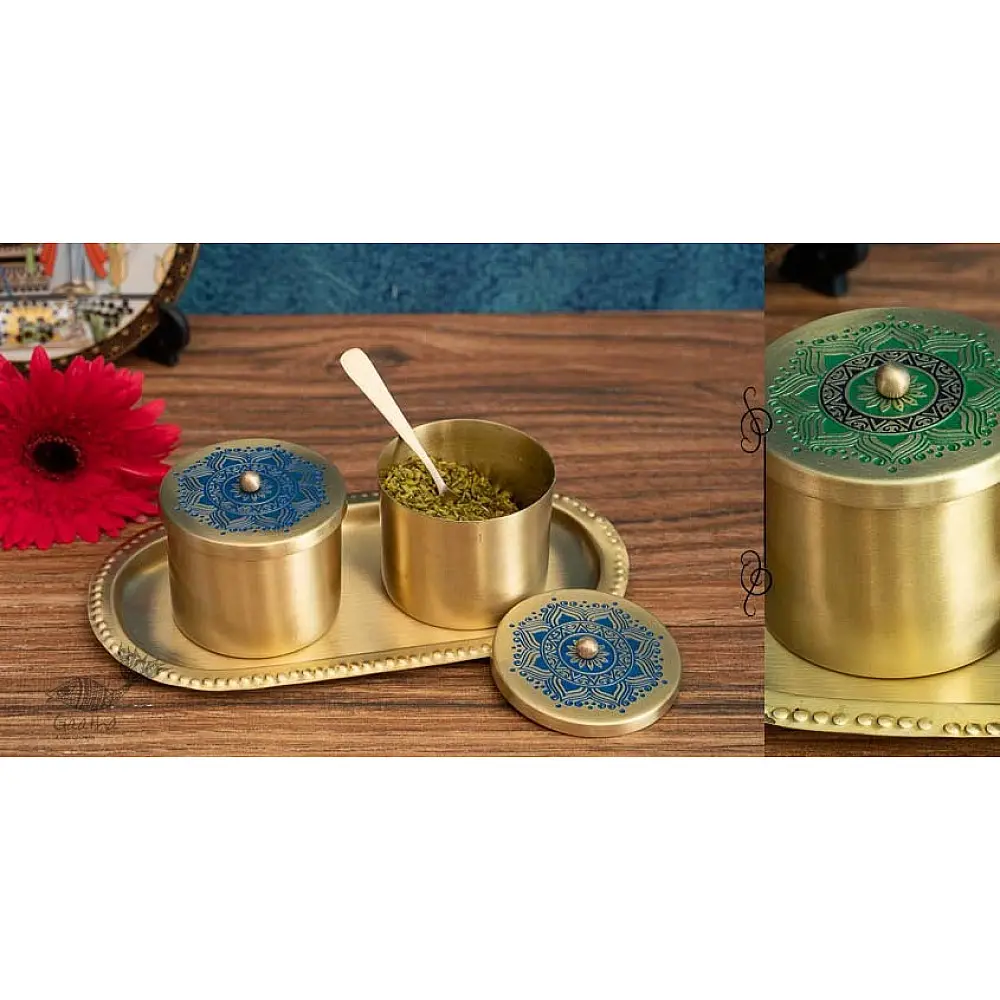 Nakshikathaa ✠ Brass Condiment Jars with Tray & Spoon ( Three Color Options )