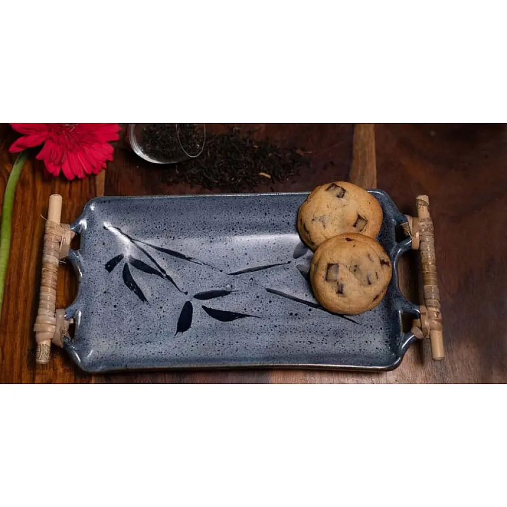 Nakshikathaa ✠ Rectangular Platter with Cane Handle (Light Blue)