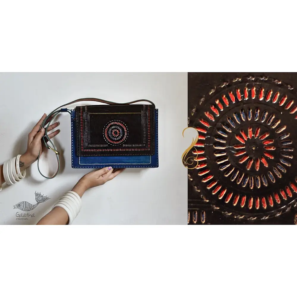 The nomad within me ♠ Kutchi Leather Bags - Blue black punch work sling ♠ 11