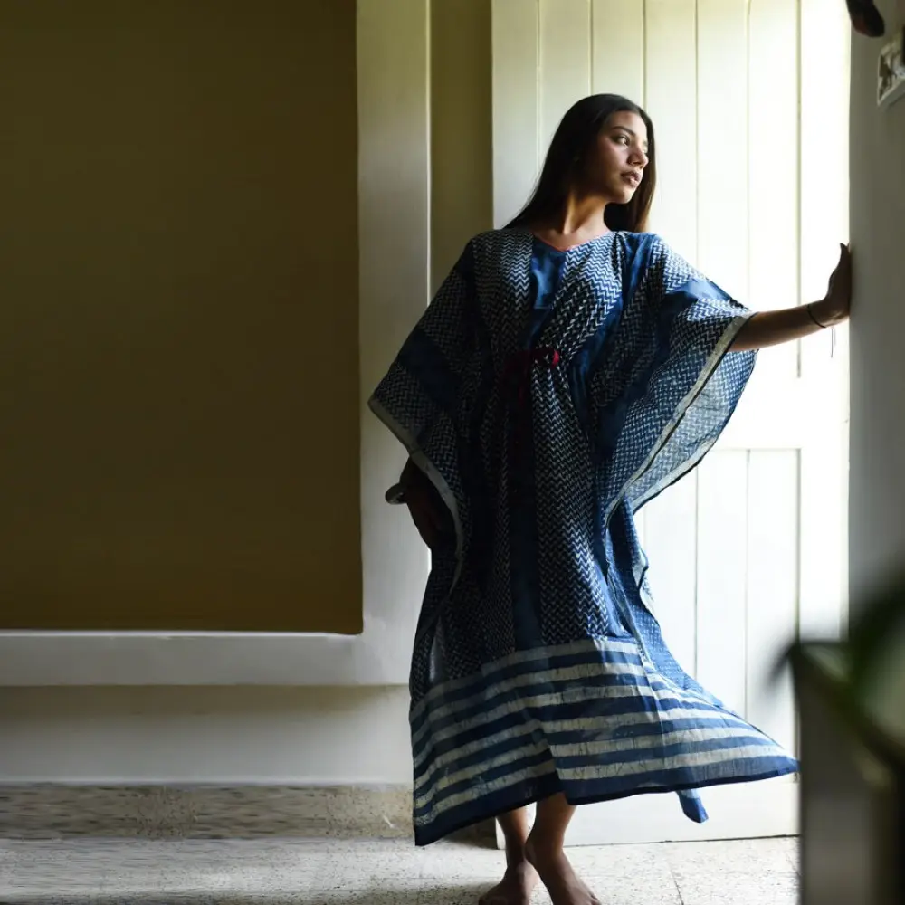 shop Block Printed Cotton Indigo Kaftan for Women