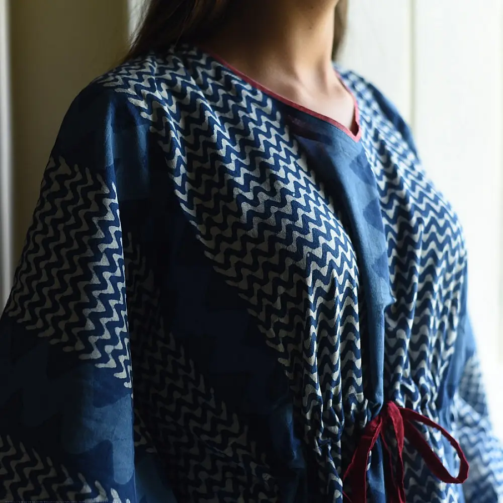 shop Block Printed Cotton Indigo Kaftan for Women