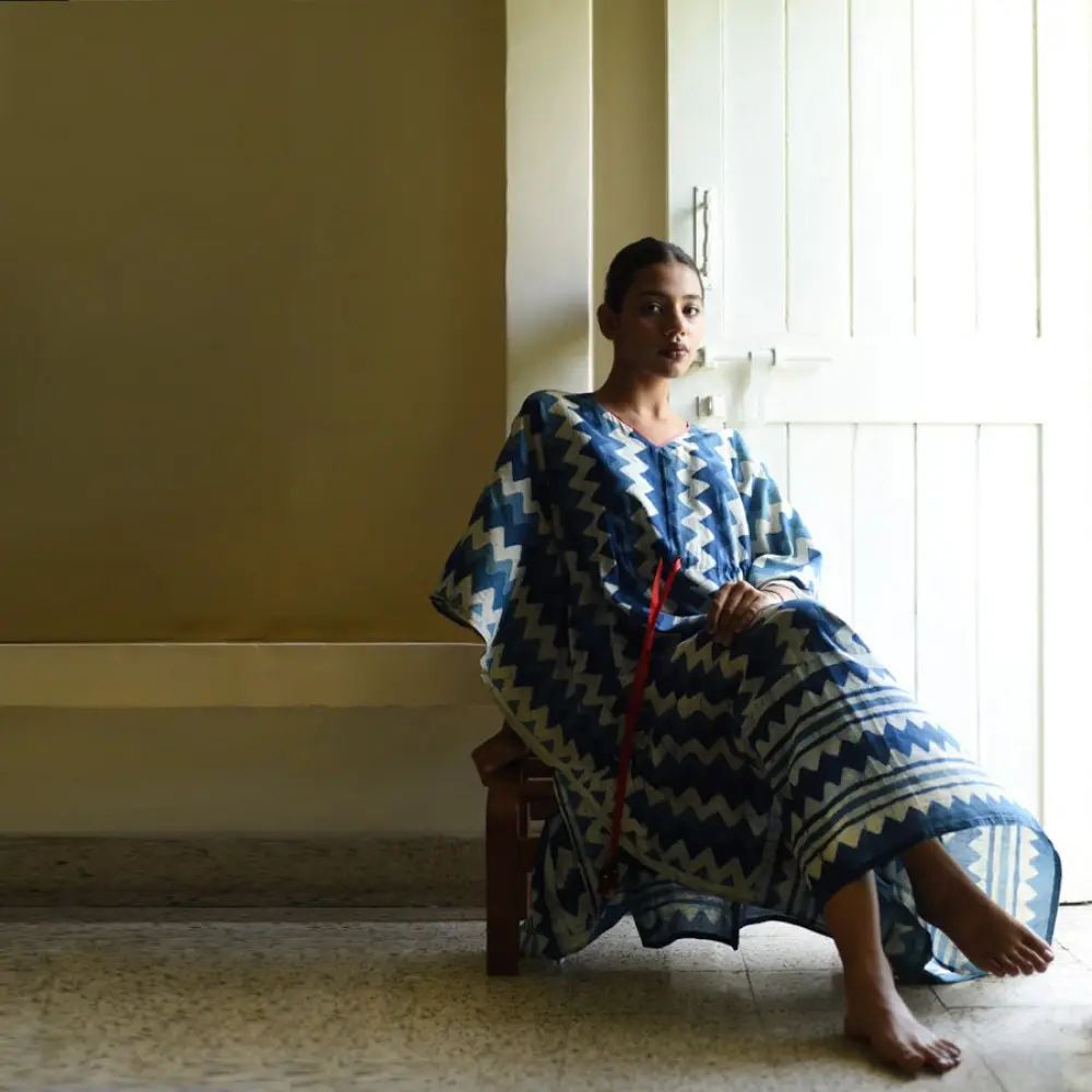 shop Indigo Block Printed Cotton Kaftan