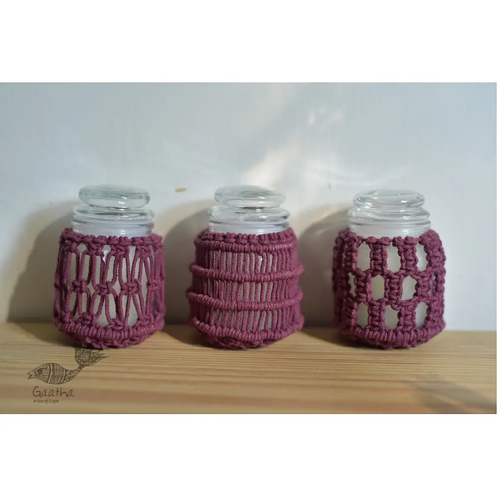 Hand knotted Candle Jar - Burgundy