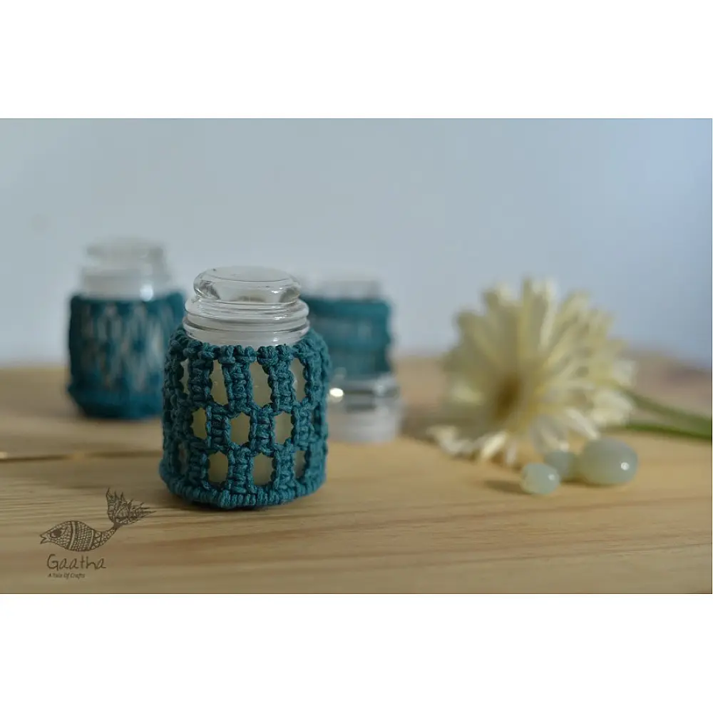 Hand knotted Candle Jar - Sapphire Blue