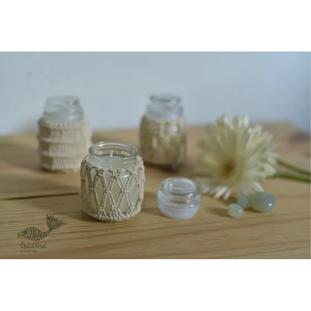 Hand knotted Candle Jar - Ivory White