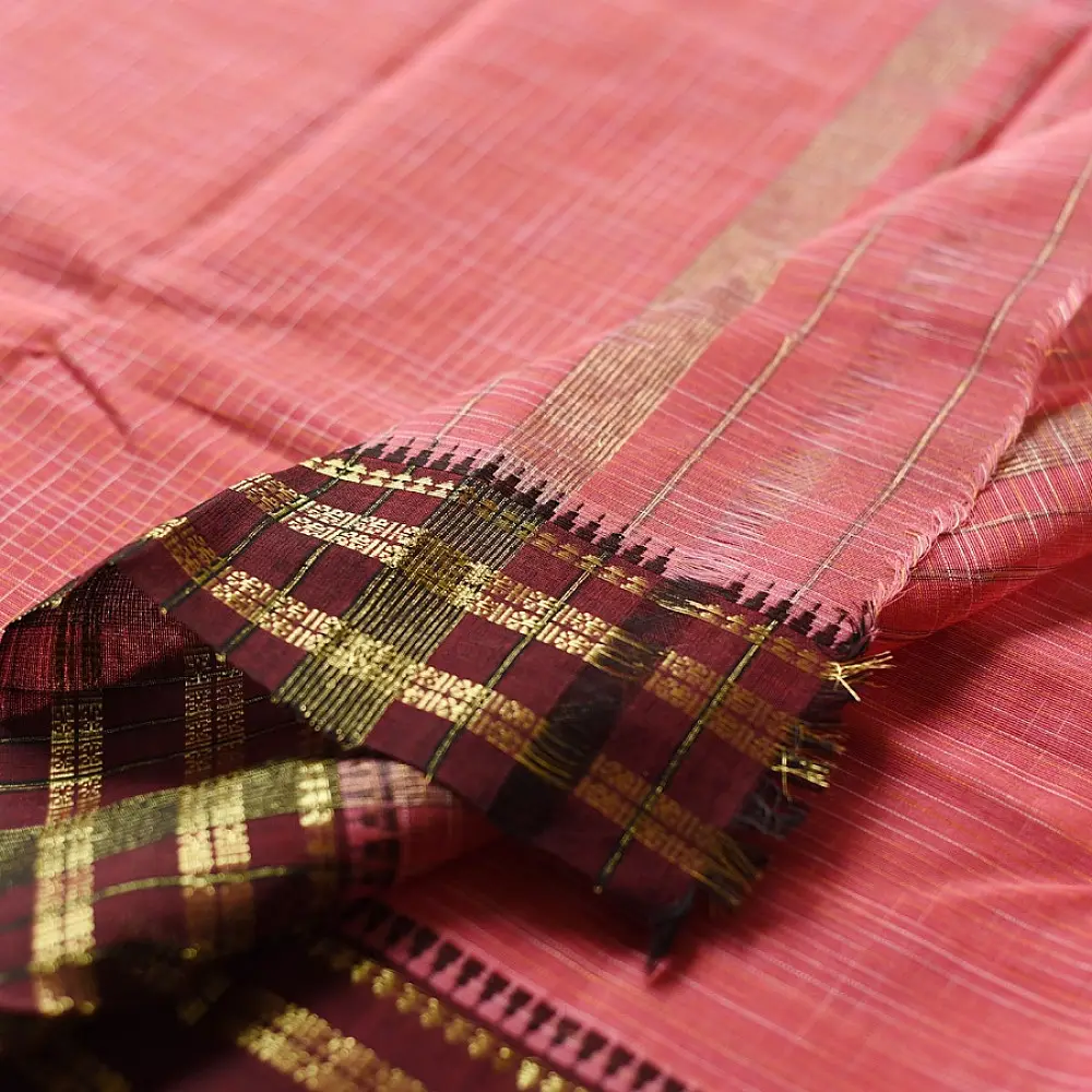 indian handloom Cotton Saree in Peachish Red