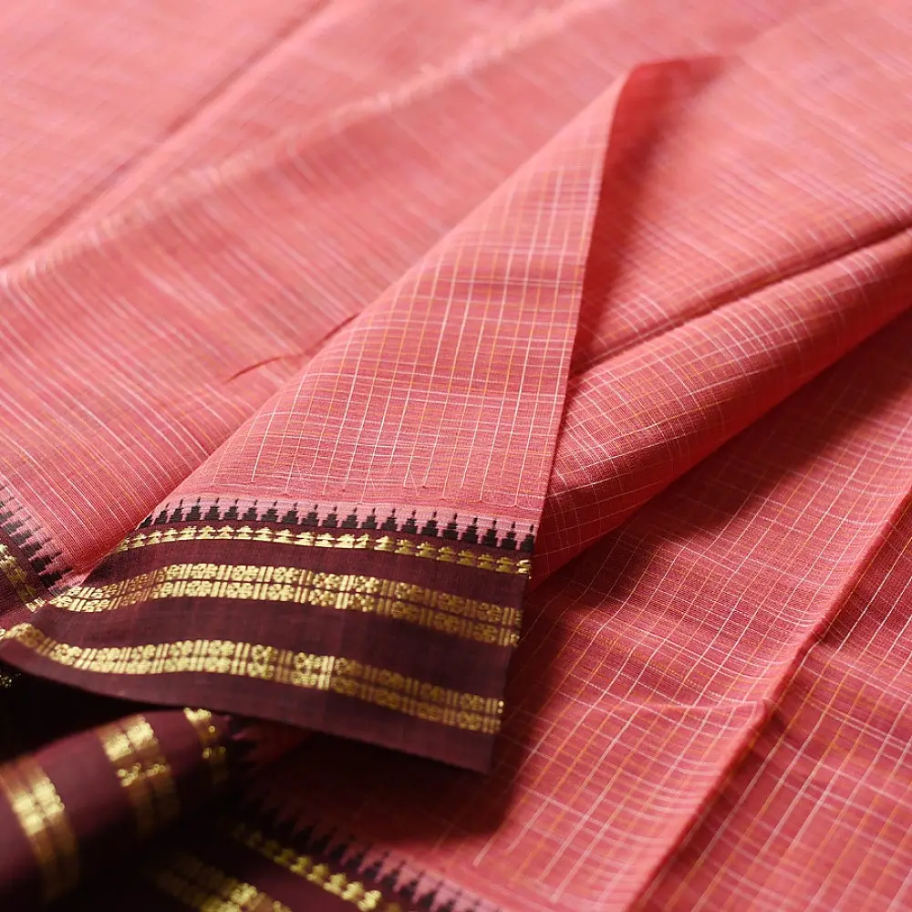 indian handloom Cotton Saree in Peachish Red