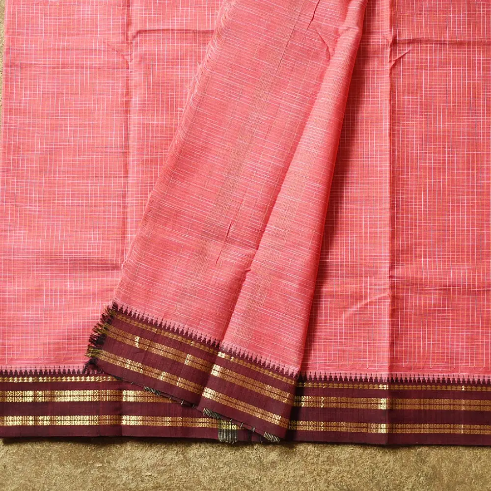 indian handloom Cotton Saree in Peachish Red