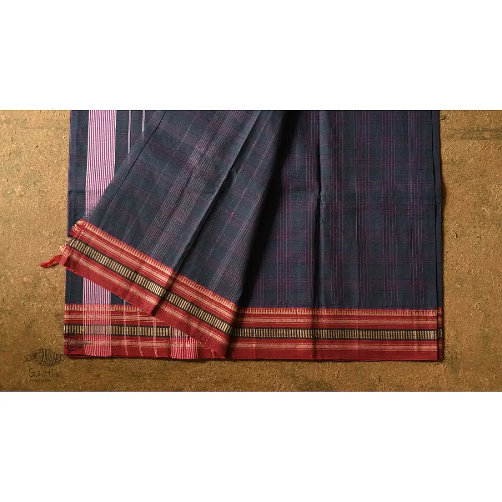 shop Narayanpet Handwoven Navy Blue Checks Saree
