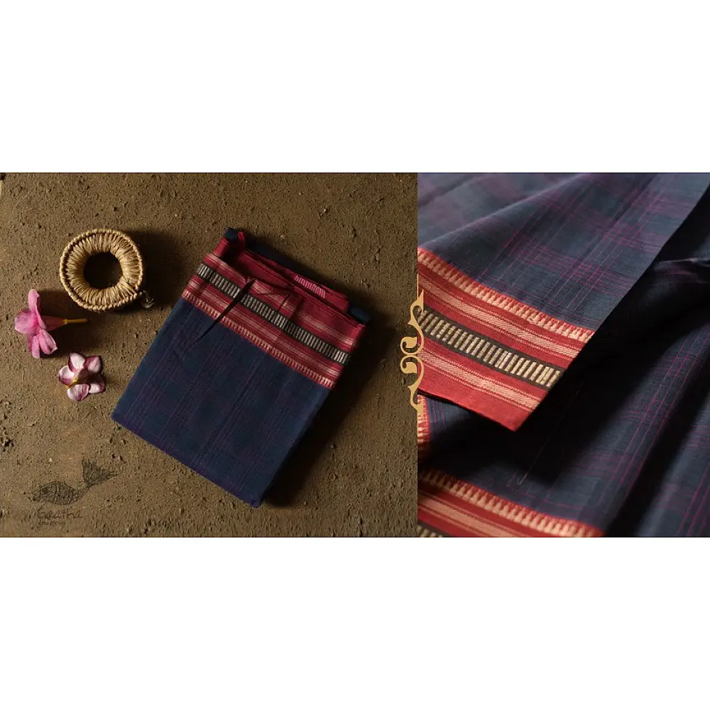 shop Narayanpet Handwoven Navy Blue Checks Saree