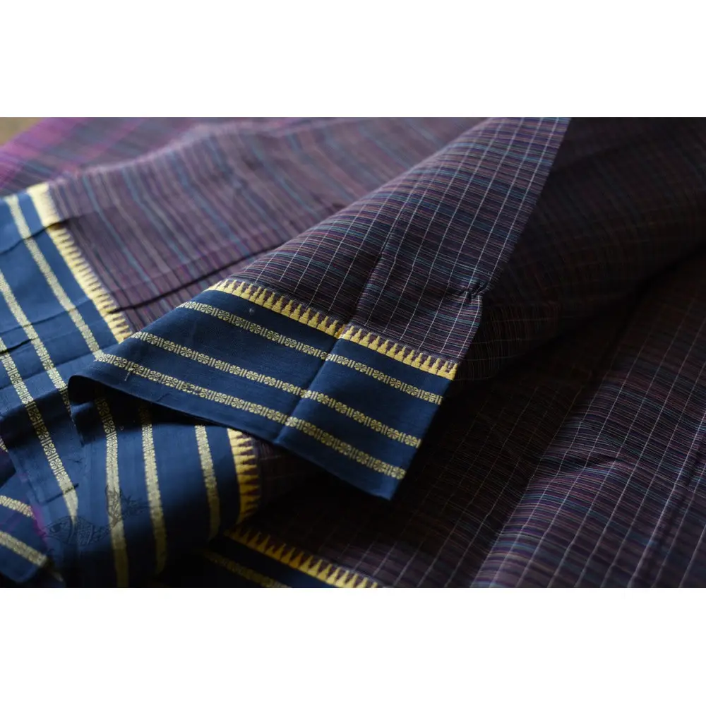 shop handwoven narayanpet cotton Purple Checks saree