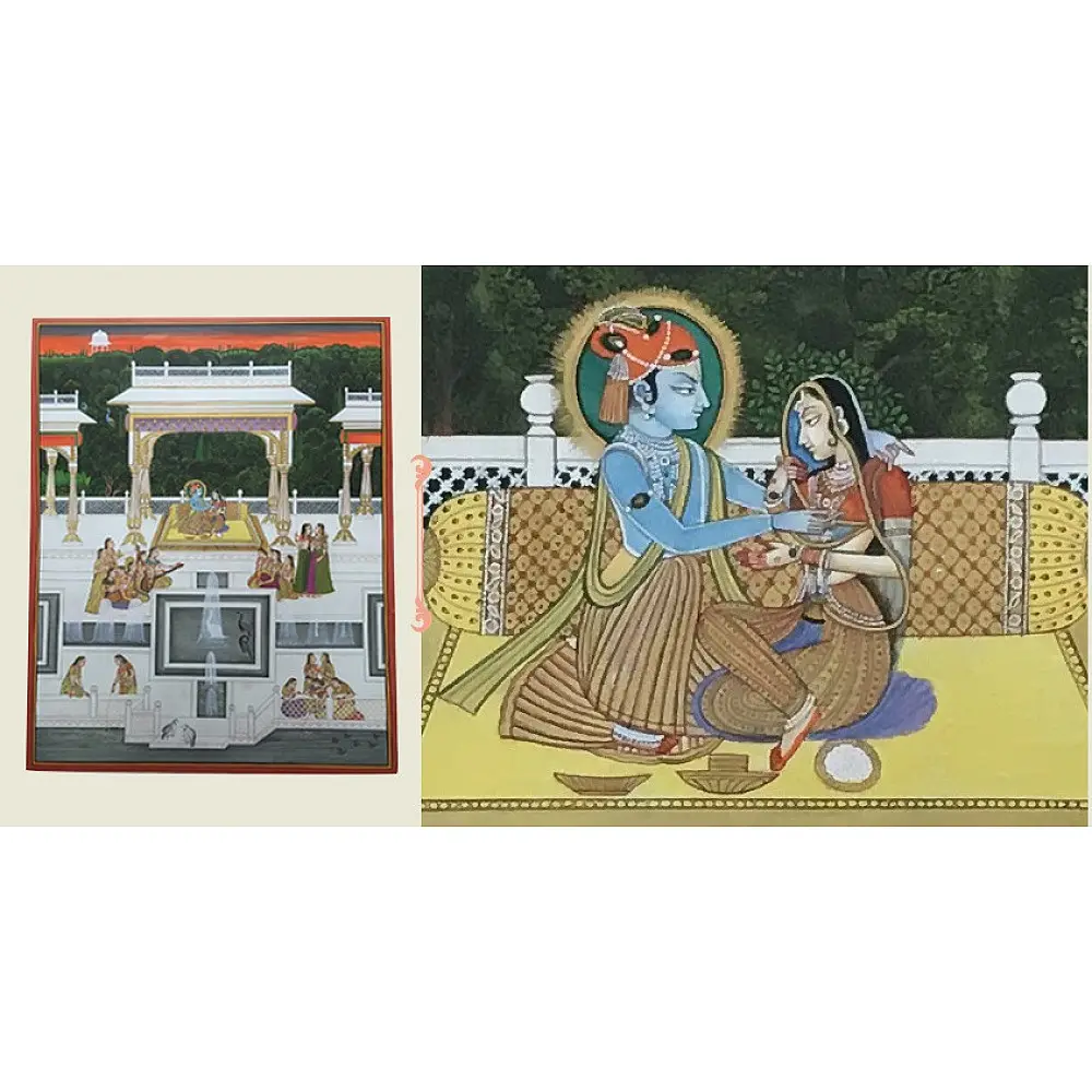 Miniature Painting ~ Rajasthan ~ Radha Krishna with Sakhi