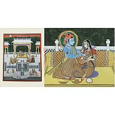 Miniature Painting ~ Rajasthan ~ Radha Krishna with Sakhi