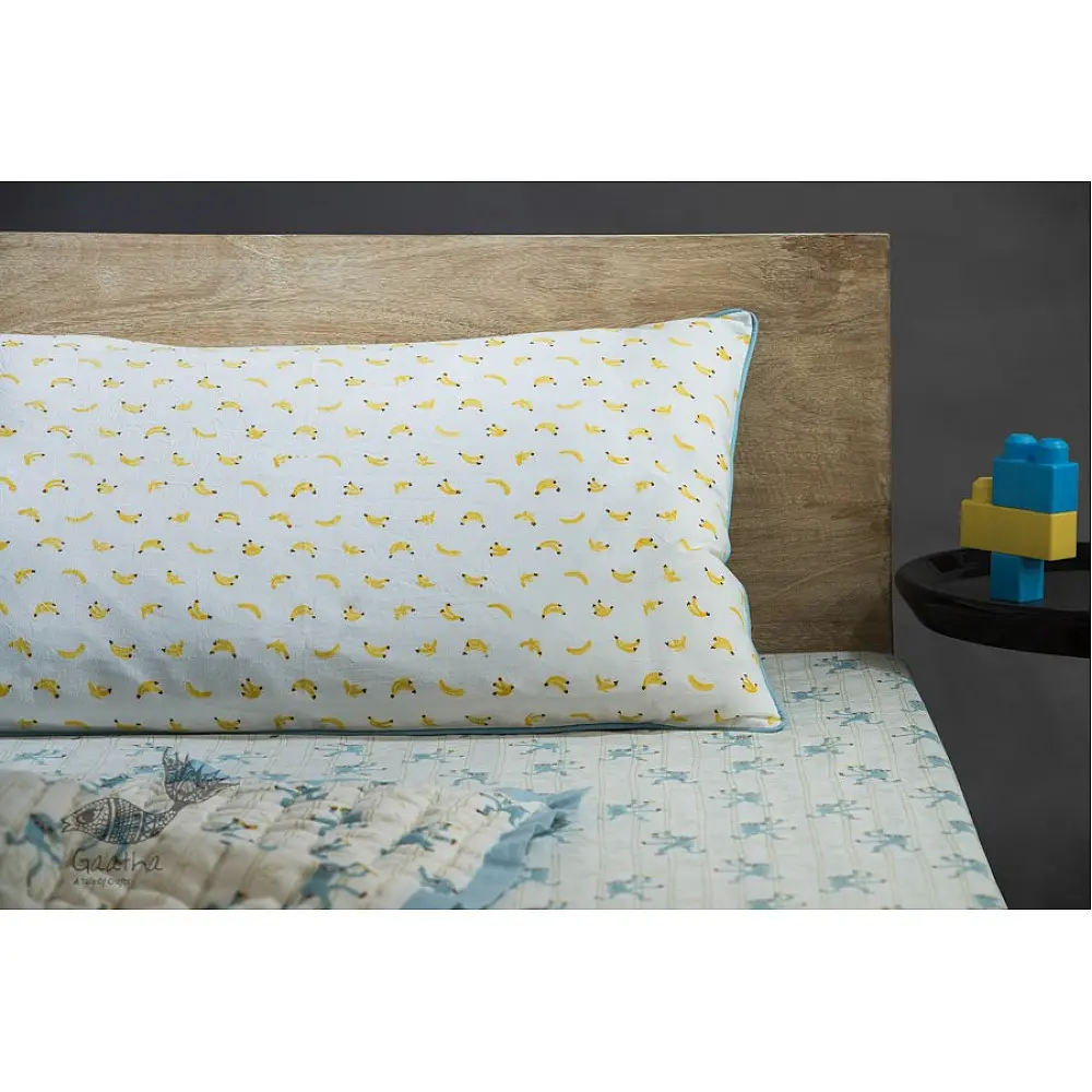 blue fog block printed baby bedding set with playful monkeys on bamboo branches pattern including pillowcase and bedsheet