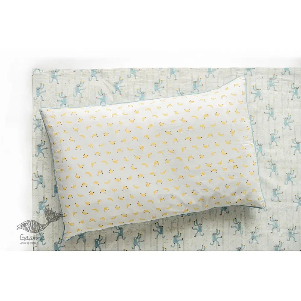 blue fog block printed baby bedding set with playful monkeys on bamboo branches pattern including pillowcase and bedsheet