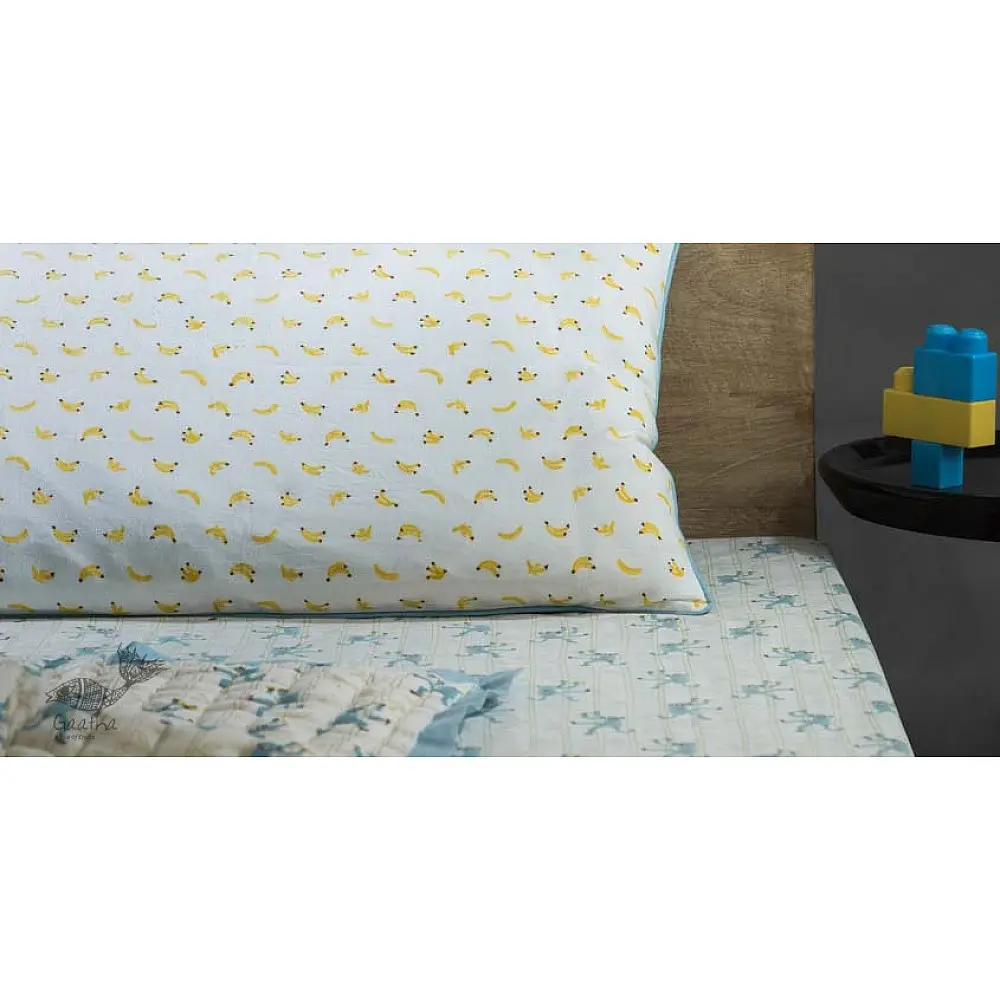 blue fog block printed baby bedding set with playful monkeys on bamboo branches pattern including pillowcase and bedsheet