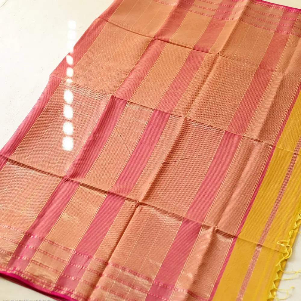 buy Handloom Maheshwari Self Stripe Saree - Yellow
