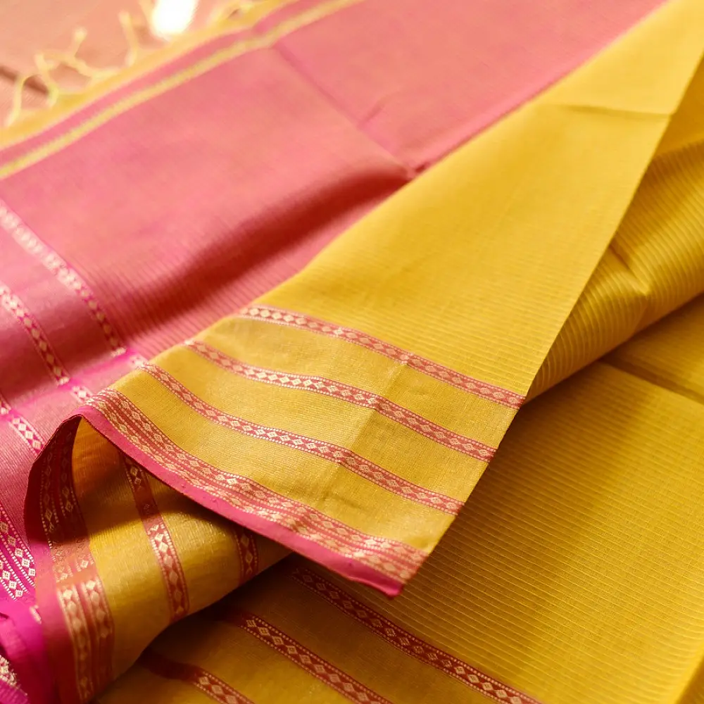 buy Handloom Maheshwari Self Stripe Saree - Yellow