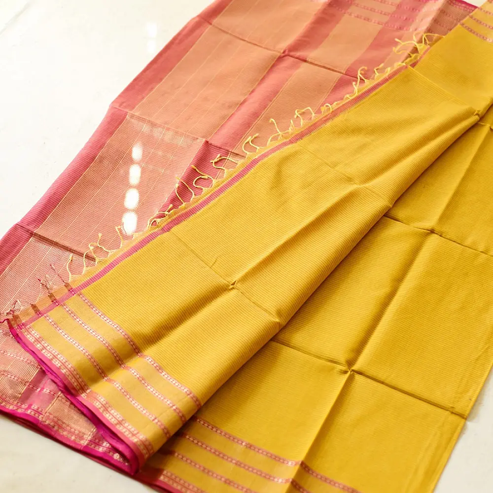 buy Handloom Maheshwari Self Stripe Saree - Yellow