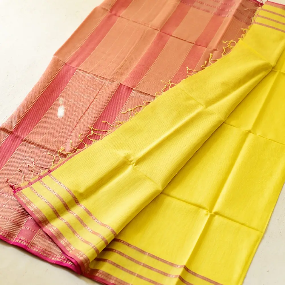 buy Handloom Maheshwari Yellow Silk Saree With Pink Pallu