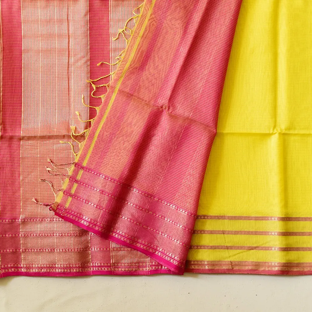 buy Handloom Maheshwari Yellow Silk Saree With Pink Pallu