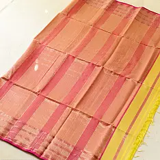 Pavitra . पवित्रा | Handloom Maheshwari Yellow Silk Saree With Pink Pallu