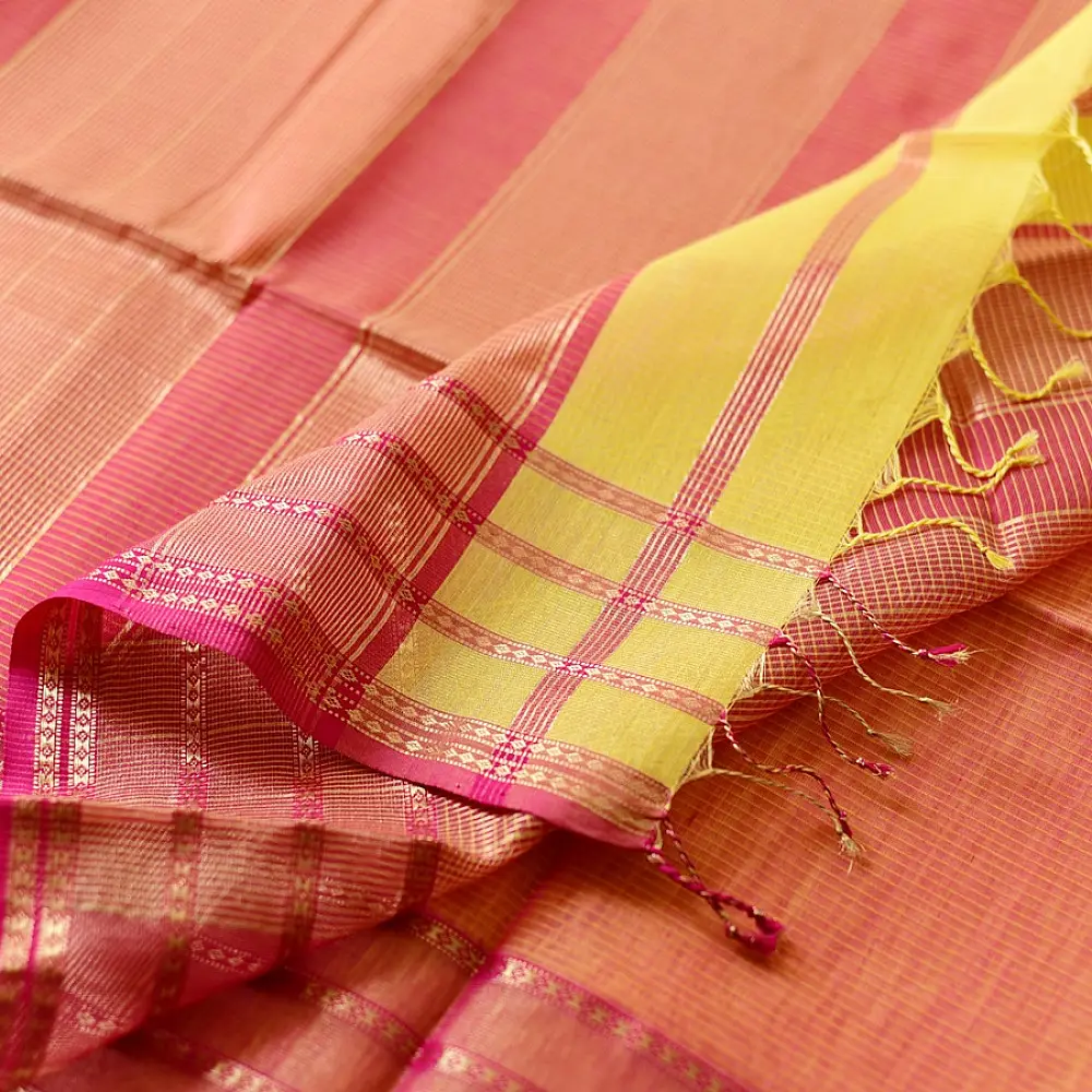 buy Handloom Maheshwari Yellow Silk Saree With Pink Pallu