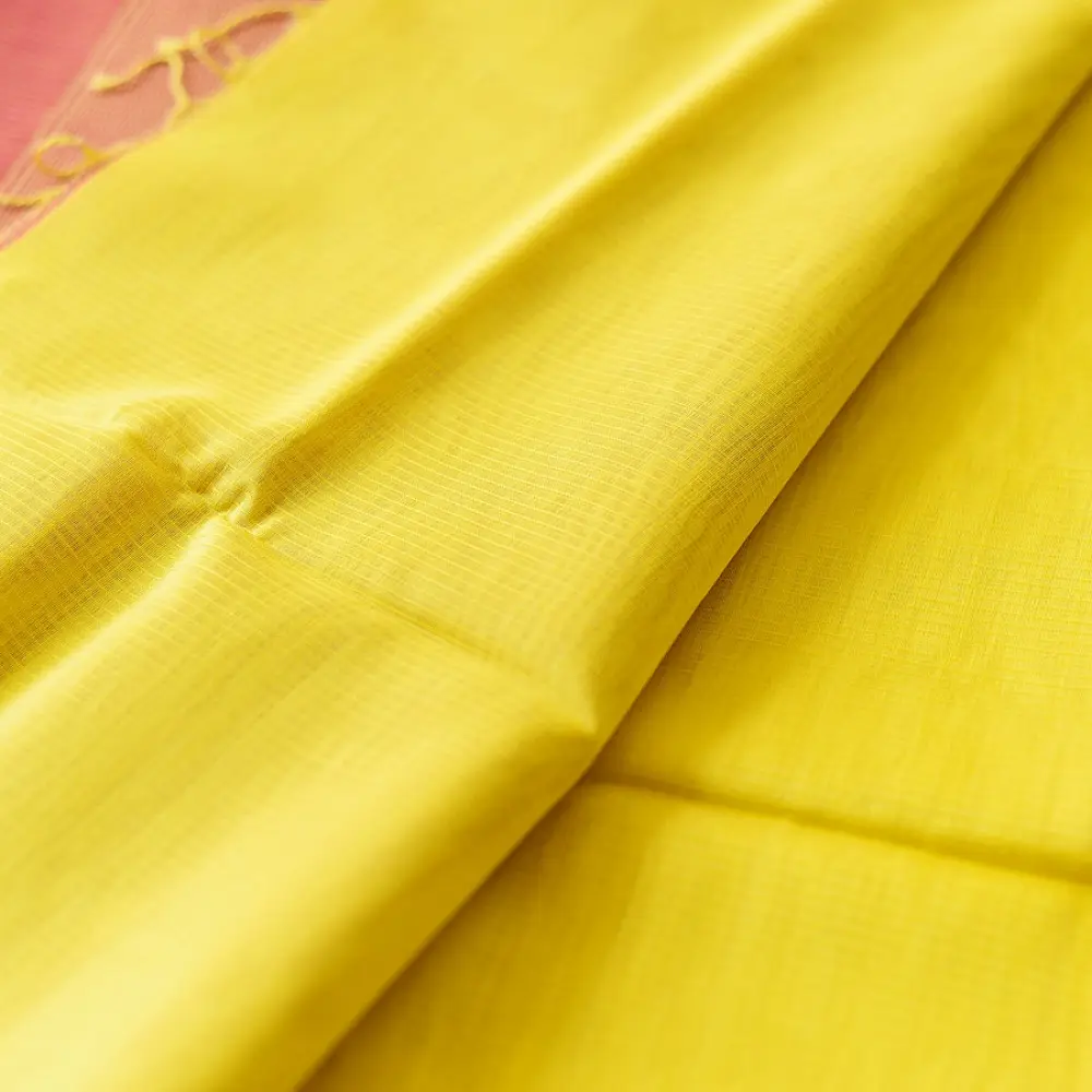 buy Handloom Maheshwari Yellow Silk Saree With Pink Pallu