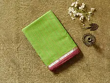 Pavitra . Handloom Maheshwari Silk Saree | Kosa Stripe + Zari | Parrot green