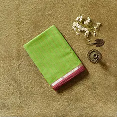 Pavitra . Handloom Maheshwari Silk Saree | Kosa Stripe + Zari | Parrot green