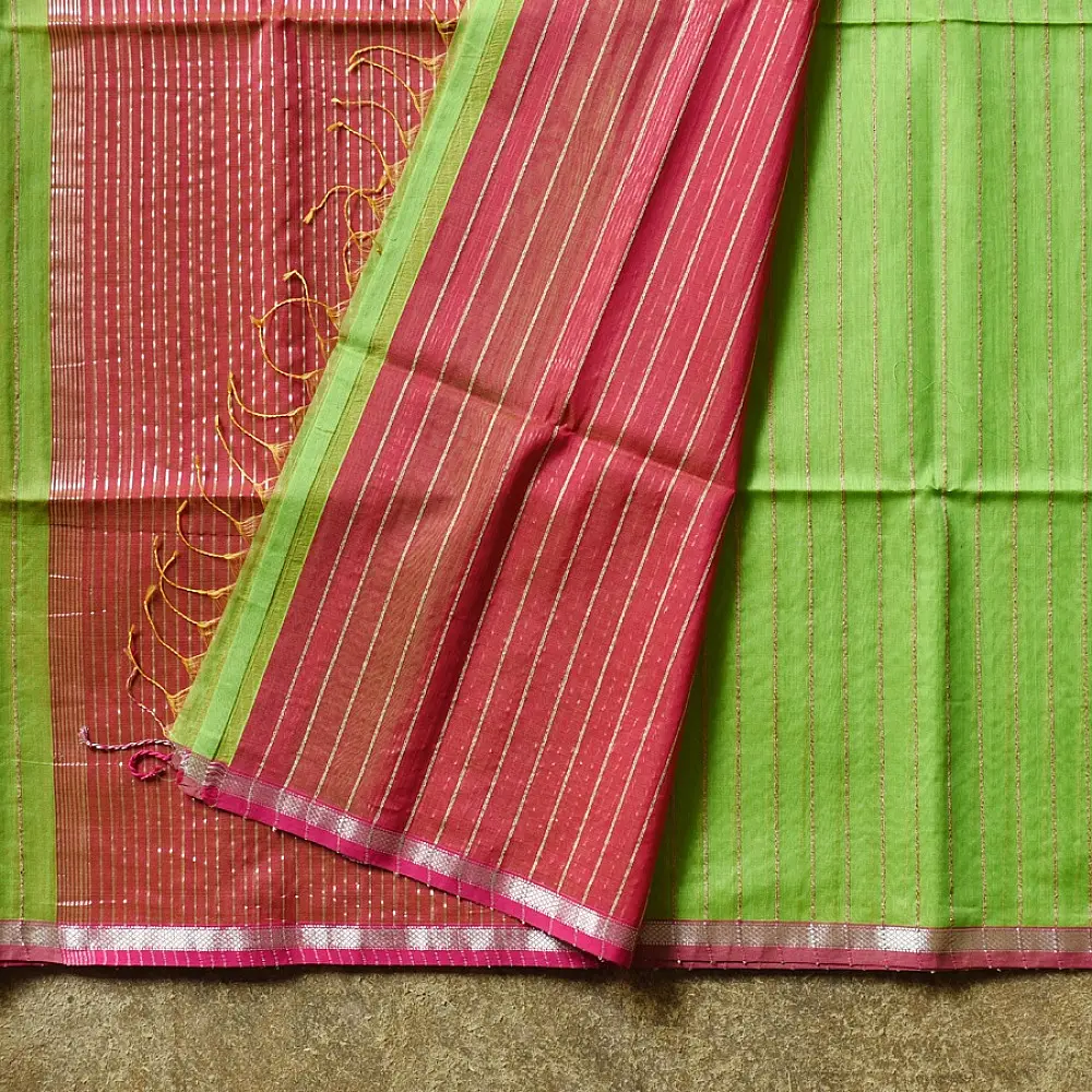 buy Handloom Parrot green Maheshwari Silk Zari Saree