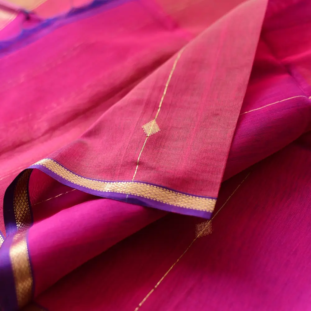 buy Zari Border Maheshwari Silk Saree ~ Rani Pink