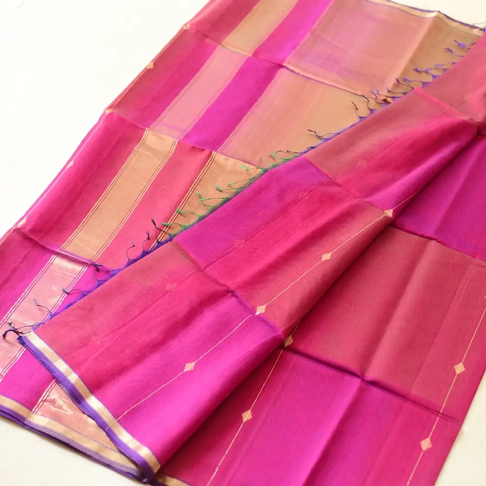 buy Zari Border Maheshwari Silk Saree ~ Rani Pink